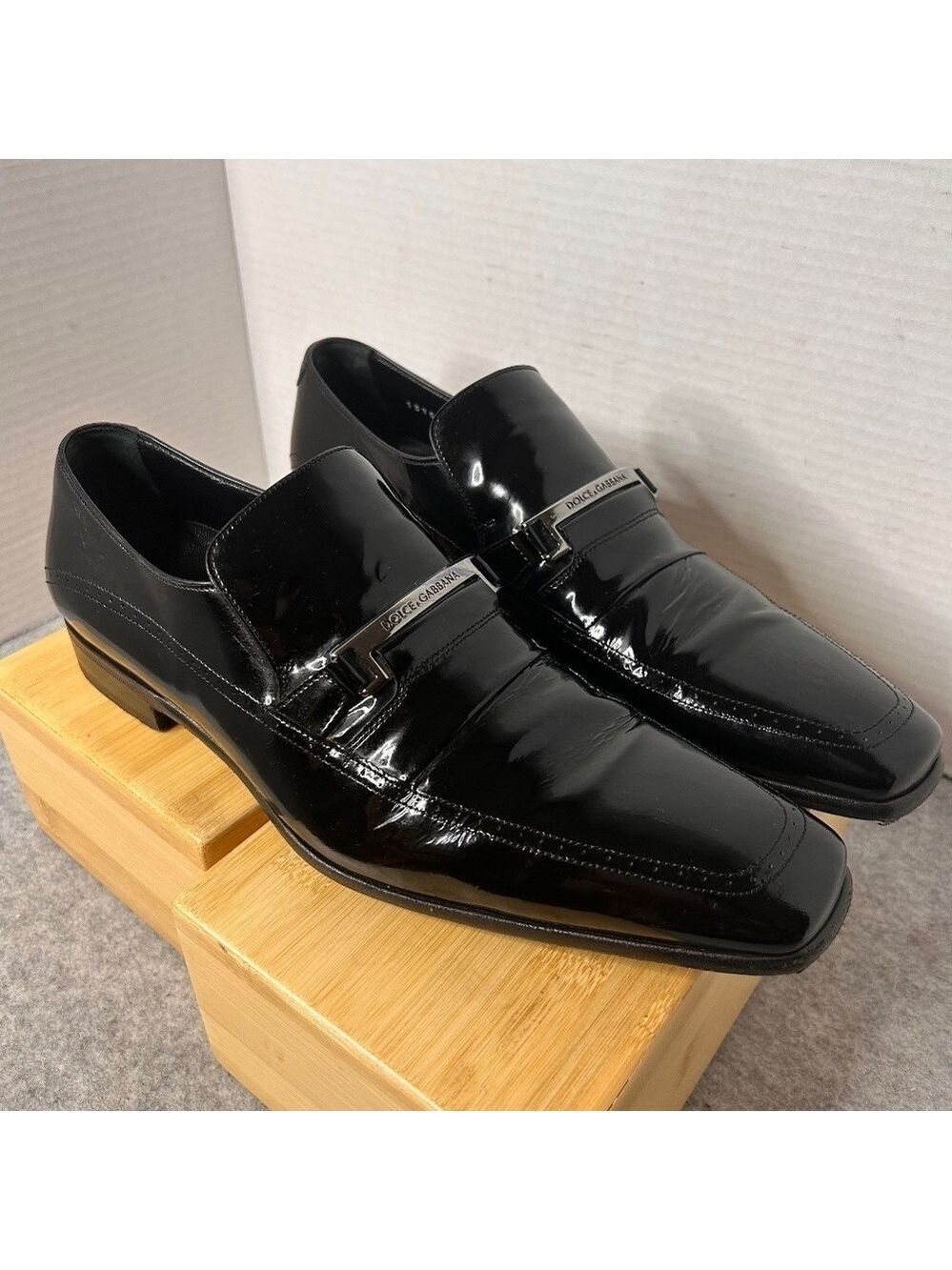Dolce Gabbana Mens Black Patent Leather Loafer Silver Name Plate EUC Sz 7 US